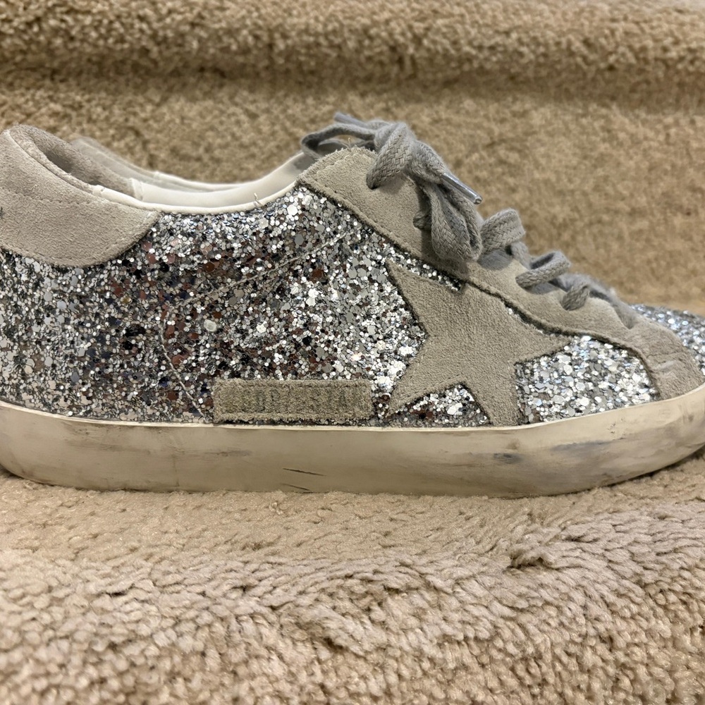 Golden Goose Silver Glitter Superstar Sneakers with Suede Star